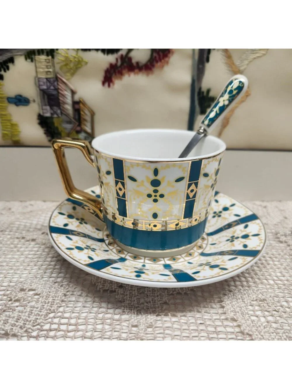 Bold Design Porcelain Tea Cup With Saucer & Matching Spoon - Intricate Blue & Go